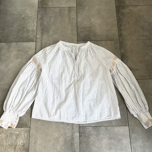 Ulla Johnson Kora Shimmer Lace Striped Blouse Top Smocked white blue 0